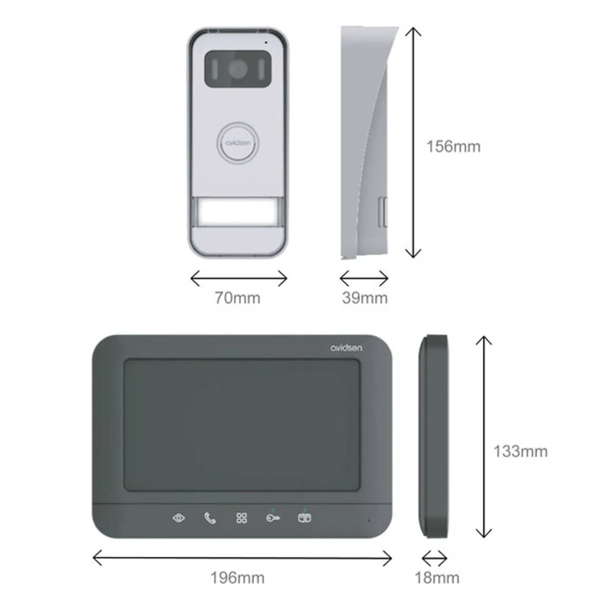 Schema der Avidsen Prima Video-Türsprechanlage (Avidsen): Die Aluminium-Außeneinheit misst 156mm x 70mm x 39mm; der Innenmonitor mit 7" Touchdisplay ist 196mm x 133mm x 18mm groß, mit Front- und Seitenansicht.