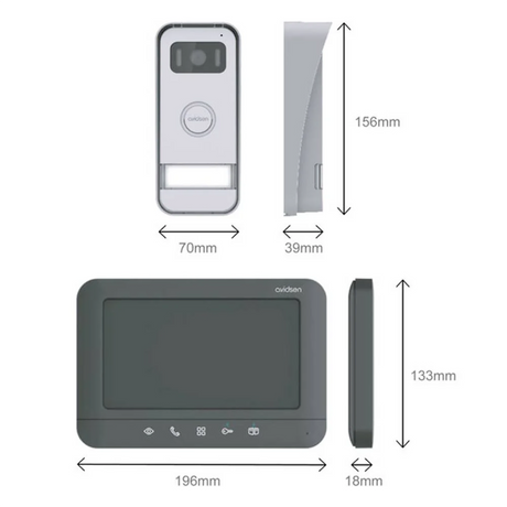 Schema der Avidsen Prima Video-Türsprechanlage (Avidsen): Die Aluminium-Außeneinheit misst 156mm x 70mm x 39mm; der Innenmonitor mit 7" Touchdisplay ist 196mm x 133mm x 18mm groß, mit Front- und Seitenansicht.