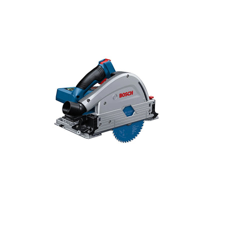 Die Bosch Akku-Tauchsäge GKT 18V-52 GC Professional verfügt über die BITURBO Brushless-Technologie für präzise Schnitte in Holz und mehr. Das blau-silberne Werkzeug mit schwarzem Griff ist isoliert auf einem weißen Hintergrund abgebildet.