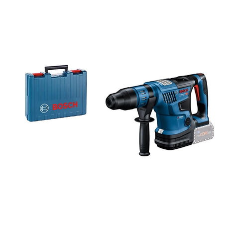 Ein blauer Bosch GBH 18V-36 C Akku-Bohrhammer mit Seitengriff und Akku, der mit BITURBO Brushless-Technologie ausgestattet ist, wird neben einem passenden blauen Koffer mit rotem Griff und Bosch-Logo gezeigt.