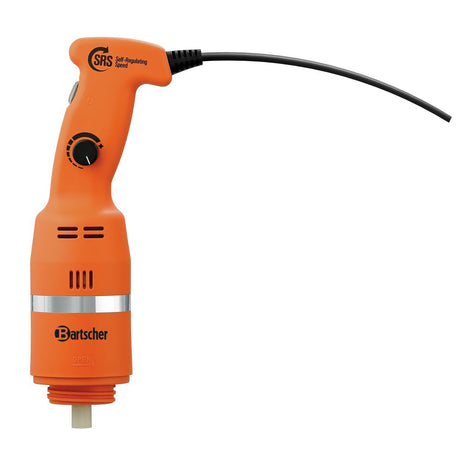 Der orangefarbene Bartscher Stabmixer MX 235 Plus verfügt über einen schwarzen, einstellbaren Geschwindigkeitsregler, ein schwarzes Netzkabel und das Etikett "SRS Self-Regulating Speed" - fotografiert auf weißem Hintergrund und perfekt für den professionellen Gastronomieeinsatz.