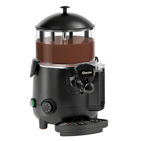 Der Bartscher Schokoladendispenser 5L - schwarz von Bartscher ist ein schwarzer elektrischer Schokoladendispenser mit einem transparenten oberen Behälter, Ausguss, Bedienknöpfen und Deckel, abgebildet auf einem weißen Hintergrund.