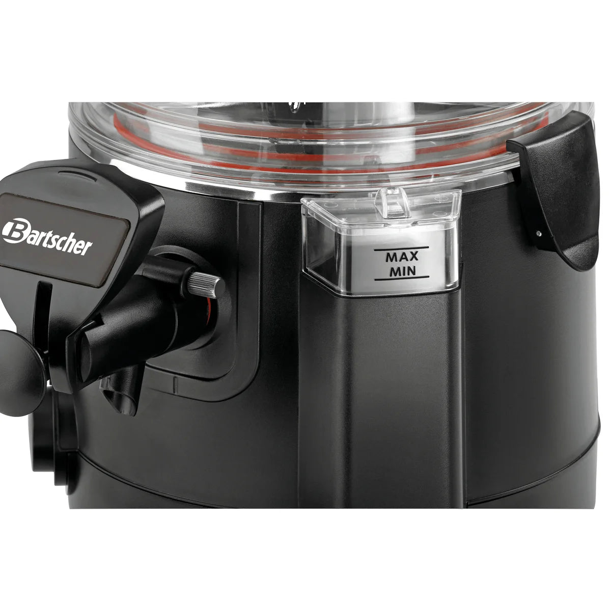 Nahaufnahme des Bartscher Schokoladendispenser 5L - schwarz mit durchsichtigem Deckel, beschriftetem Griff, Geschwindigkeitsregler und transparentem "MAX"/"MIN"-Feld - ideal zum Servieren von heißer Schokolade.