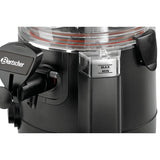 Nahaufnahme des Bartscher Schokoladendispenser 5L - schwarz mit durchsichtigem Deckel, beschriftetem Griff, Geschwindigkeitsregler und transparentem "MAX"/"MIN"-Feld - ideal zum Servieren von heißer Schokolade.