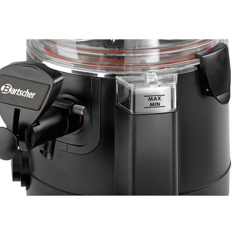 Nahaufnahme des Bartscher Schokoladendispenser 5L - schwarz mit durchsichtigem Deckel, beschriftetem Griff, Geschwindigkeitsregler und transparentem "MAX"/"MIN"-Feld - ideal zum Servieren von heißer Schokolade.