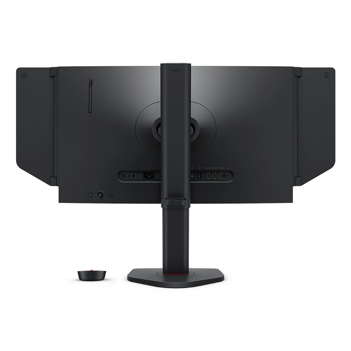 Der BenQ ZOWIE XL2586X, ein schwarzer eSports-Monitor von BenQ, ist von hinten zu sehen und verfügt über einen verstellbaren Standfuß, Seitenteile, Bedienelemente auf der Rückseite und ein Zubehörteil auf der Vorderseite - ideal für Elite-Gamer, die dank der Bildwiederholrate von 540 Hz eine erstklassige Leistung benötigen.