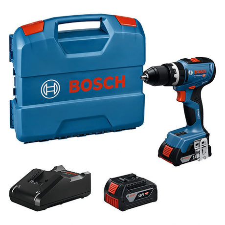 Das Bosch GSB 18V-65 Professional Schlagbohrschrauber Set besteht aus einem blauen Bosch Koffer, einem schwarzen Ladegerät, einem Akku und einer Bohrmaschine, abgebildet auf einem weißen Hintergrund mit dem Bosch Logo auf dem Koffer und dem Werkzeug.