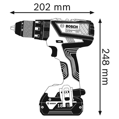 Schwarz-Weiß-Abbildung der Bosch Professional AmpShare GSB 18V-28 Schlagbohrmaschine, mit 18V-Akku, abgebildet mit 202 mm Breite und 248 mm Höhe. Mit AmpShare-System von Bosch und ergonomischen Designdetails.