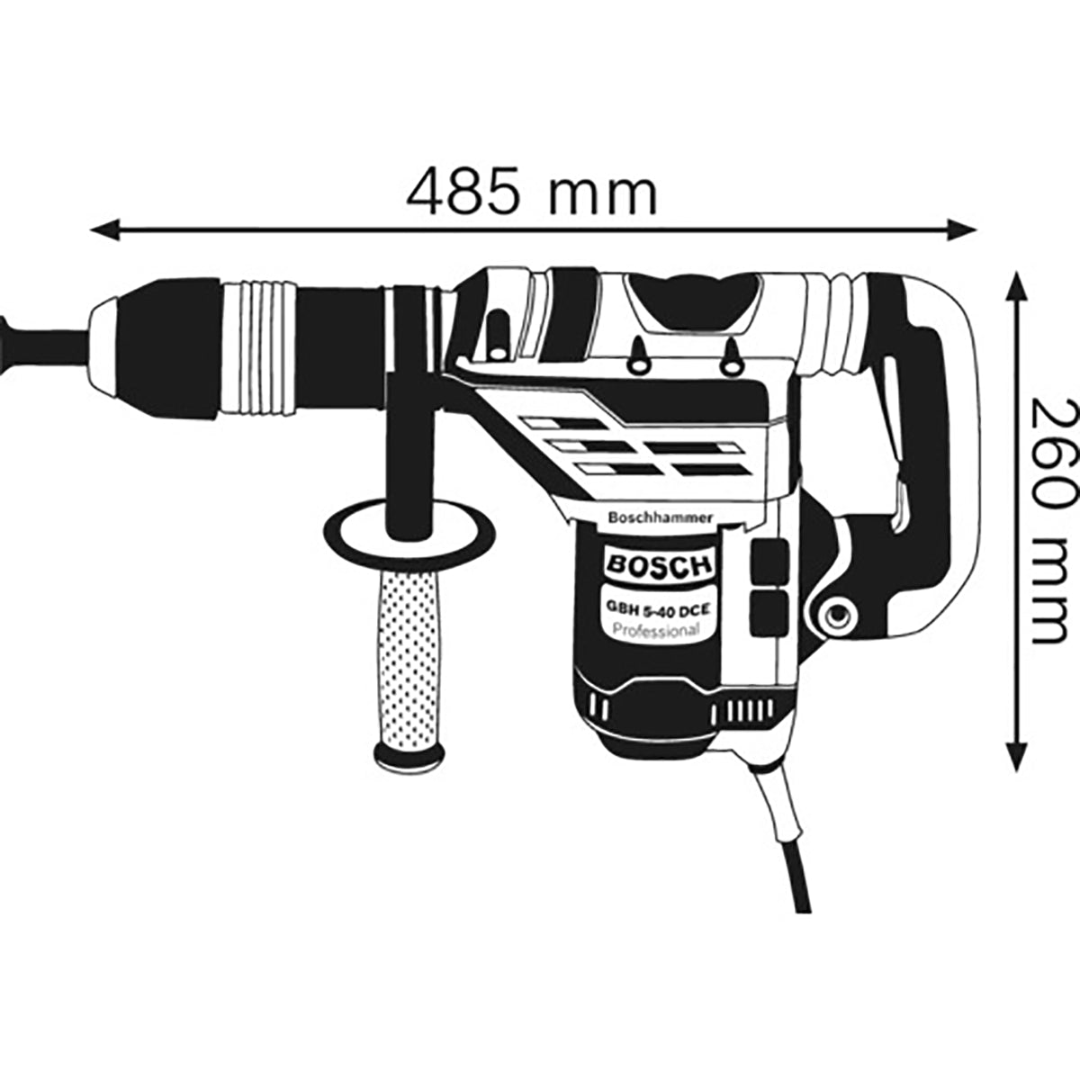 Schwarz-Weiß-Abbildung des Bosch GBH 5-40 DCE Professional Bohrhammer mit SDS-max von Bosch, mit seitlichem Griff, Vibration Control, gekennzeichnet mit "Professional", mit Abmessungen: 485 mm Länge und 260 mm Höhe.