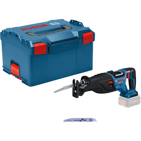 Die Bosch Professional BITURBO Akku-Säbelsäge GSA 18V-28 (ohne Akku) von Bosch verfügt über eine bürstenlose Technologie, ist kompatibel mit dem 18V-System und wird mit einem blauen und roten Koffer sowie einem zusätzlichen Sägeblatt vor dem Set geliefert.