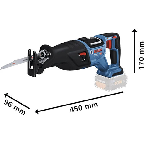 Die Bosch Professional BITURBO Akku-Säbelsäge GSA 18V-28 (ohne Akku) von Bosch, Teil des 18V-Systems, verfügt über Brushless-Technologie, wird mit einer angebrachten Klinge geliefert und hat die Maße 450 x 170 x 96 mm. Akku nicht enthalten.