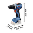 Das Bosch GSR 18V-65 Professional Akku-Bohrschrauber Set (blau und schwarz) ist mit beschrifteten Abmessungen abgebildet: 209 mm Höhe, 166 mm Länge und 77 mm Breite; der Akkubereich am Boden ist transparent umrandet.