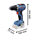 Das Bosch GSR 18V-65 Professional Akku-Bohrschrauber Set (blau und schwarz) ist mit beschrifteten Abmessungen abgebildet: 209 mm Höhe, 166 mm Länge und 77 mm Breite; der Akkubereich am Boden ist transparent umrandet.