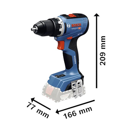 Das Bosch GSR 18V-65 Professional Akku-Bohrschrauber Set (blau und schwarz) ist mit beschrifteten Abmessungen abgebildet: 209 mm Höhe, 166 mm Länge und 77 mm Breite; der Akkubereich am Boden ist transparent umrandet.