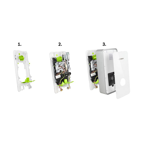 Der Bosch Tronic Line Durchlauferhitzer 21/24/27 kW von Bosch lässt sich in drei Schritten installieren: Halterung montieren, komplette Verkabelung und Innenmontage, dann die Frontabdeckung anbringen, um die Installation abzuschließen.