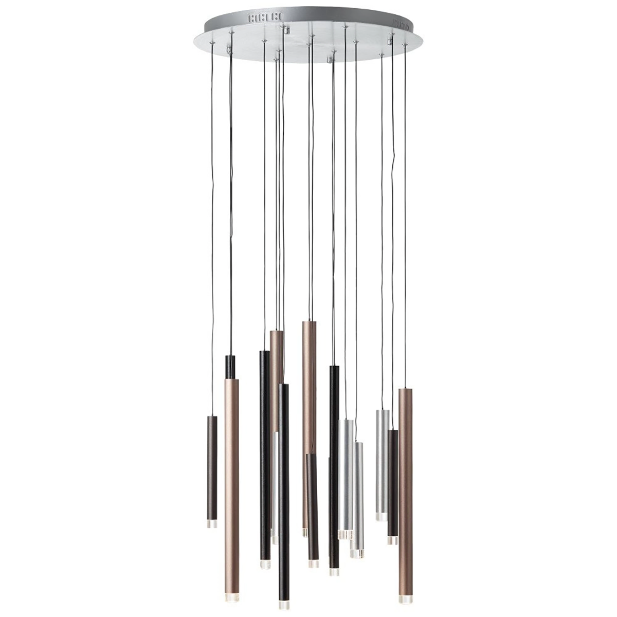 Die Brilliant Living Cembalo LED-Pendelleuchte von Brilliant verfügt über 16 schlanke Leuchten in einem modernen Braun/Kaffee-Finish, die in verschiedenen Längen hängen. Energieeffizient und dimmbar für ein individuell anpassbares Ambiente.