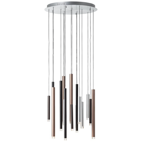Die Brilliant Living Cembalo LED-Pendelleuchte von Brilliant verfügt über 16 schlanke Leuchten in einem modernen Braun/Kaffee-Finish, die in verschiedenen Längen hängen. Energieeffizient und dimmbar für ein individuell anpassbares Ambiente.