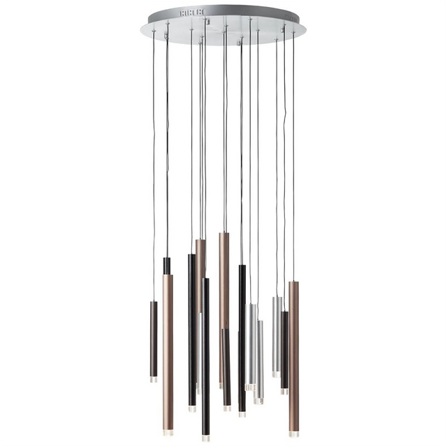 Die Brilliant Living Cembalo LED-Pendelleuchte von Brilliant verfügt über 16 schlanke Leuchten in einem modernen Braun/Kaffee-Finish, die in verschiedenen Längen hängen. Energieeffizient und dimmbar für ein individuell anpassbares Ambiente.