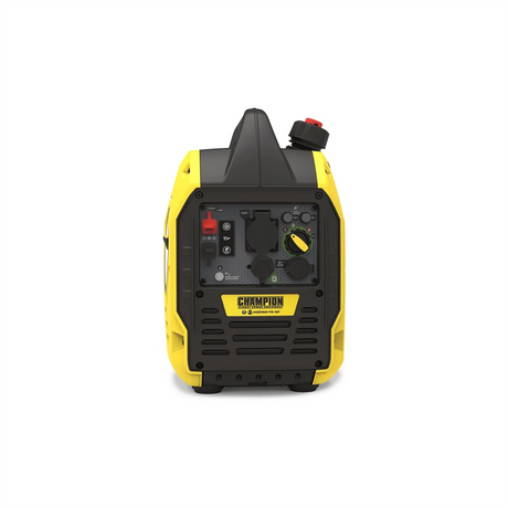 Ein gelber und schwarzer Champion 2200 Watt Dual Fuel Inverter Generator - Benzin & Gas, mit einem Bedienfeld, Steckdosen und einem Tankdeckel, wird von vorne vor einem weißen Hintergrund gezeigt.