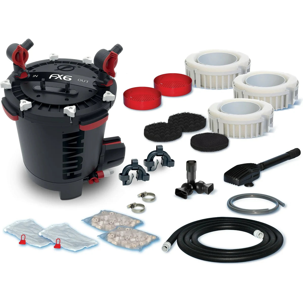 Fluval FX6 Außenfilter - 3.500 l/h Hochleistungsfilter für große Aquarien mit Smart Pump Technologie, inkl. Schläuchen, Filtermedien, Anschlüssen und Zubehör - alles von Fluval auf weißem Hintergrund dargestellt.