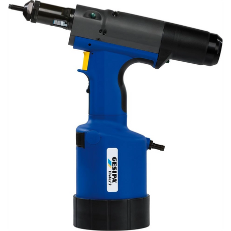 Der GESIPA FireFox® 2 ist ein blau-schwarzes pneumatisch-hydraulisches Blindnietmutternsetzgerät mit Auslöser und Handgriff, ideal für Befestigungsaufgaben im Baugewerbe oder in der Fertigung.