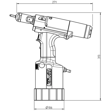 Technische Zeichnung des GESIPA FireFox® 2 pneumatisch-hydraulisches Blindnietmuttern-Setzgerätes, dargestellt im Profil mit den Abmessungen: 271 mm Länge, 313 mm Höhe und 106 mm Bodendurchmesser.