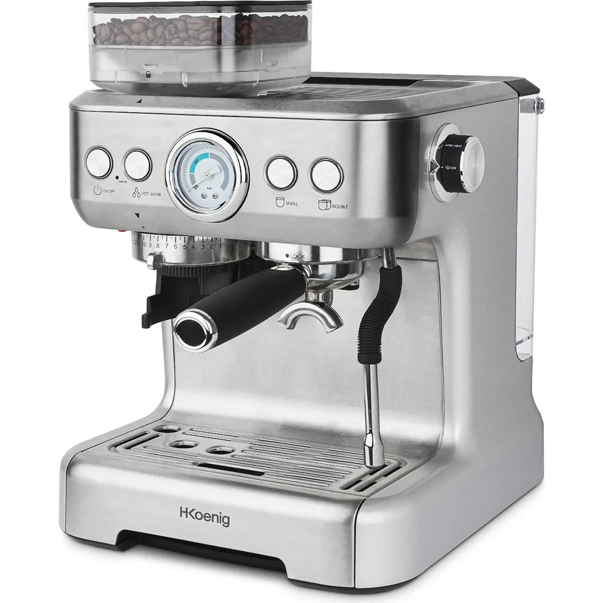 Die H.Koenig Espressomaschine mit Mahlwerk EXPRO980 aus Edelstahl verfügt über integriertes Mahlwerk, Druckmesser und Dampfdüse. Frische Bohnen sind oben sichtbar, die Bedienung erfolgt bequem an der Front - für Barista-Genuss zuhause.