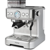 Die H.Koenig Espressomaschine mit Mahlwerk EXPRO980 aus Edelstahl verfügt über integriertes Mahlwerk, Druckmesser und Dampfdüse. Frische Bohnen sind oben sichtbar, die Bedienung erfolgt bequem an der Front - für Barista-Genuss zuhause.