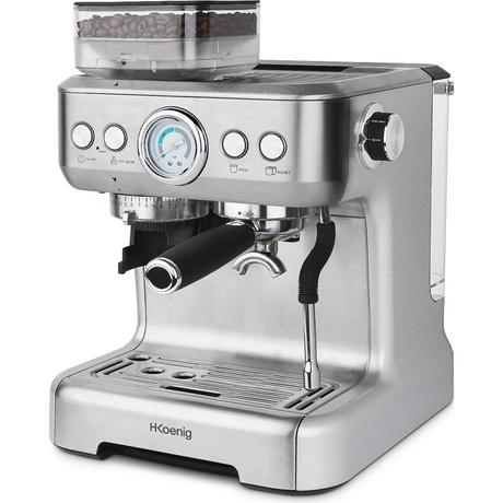Die H.Koenig Espressomaschine mit Mahlwerk EXPRO980 aus Edelstahl verfügt über integriertes Mahlwerk, Druckmesser und Dampfdüse. Frische Bohnen sind oben sichtbar, die Bedienung erfolgt bequem an der Front - für Barista-Genuss zuhause.
