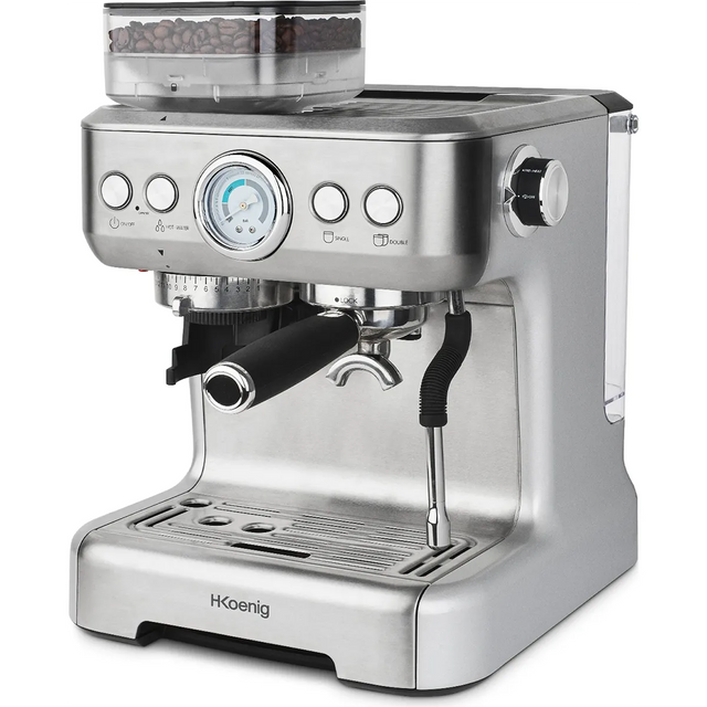 Die H.Koenig Espressomaschine mit Mahlwerk EXPRO980 aus Edelstahl verfügt über integriertes Mahlwerk, Druckmesser und Dampfdüse. Frische Bohnen sind oben sichtbar, die Bedienung erfolgt bequem an der Front - für Barista-Genuss zuhause.