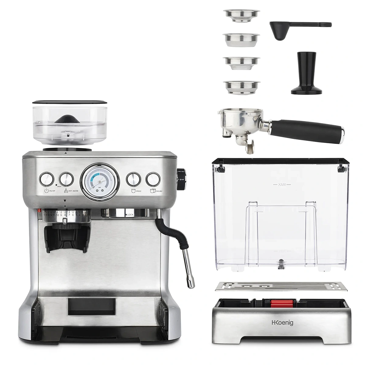 Die H.Koenig Espressomaschine mit Mahlwerk EXPRO980 verfügt über ein integriertes Mahlwerk, 4 Filterkörbe, einen Tamper, einen Portafilter, einen transparenten Wassertank und eine abnehmbare Tropfschale für ein echtes Barista-Erlebnis - alles auf weißem Hintergrund.