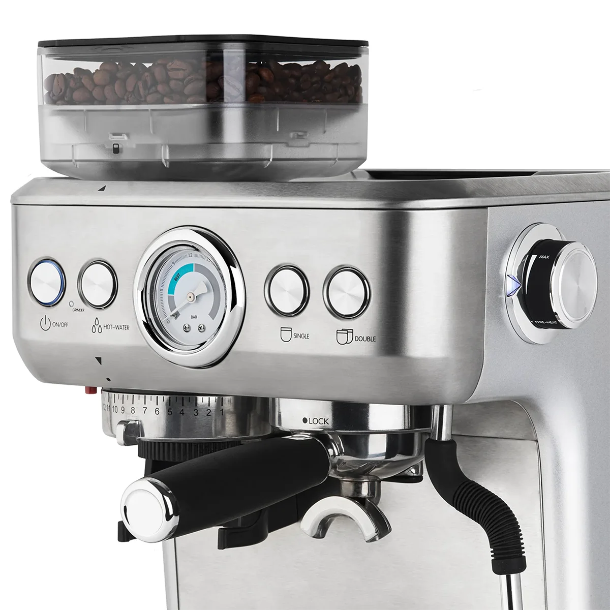 Die H.Koenig Espressomaschine mit Mahlwerk EXPRO980 bietet Edelstahl-Design, integriertes Mahlwerk, Druckmesser sowie flexible Tasten und Regler. Bohnenbehälter oben und Portafilter unten sorgen für echtes Barista-Feeling.
