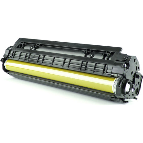 Die HP 658X Gelb Original LaserJet Tonerkartusche - Hohe Reichweite (W2002X) von HP ist auf weißem Hintergrund abgebildet. Sie besitzt eine rechteckige Form mit Rillen und Zylinderrolle für effizientes Drucken.