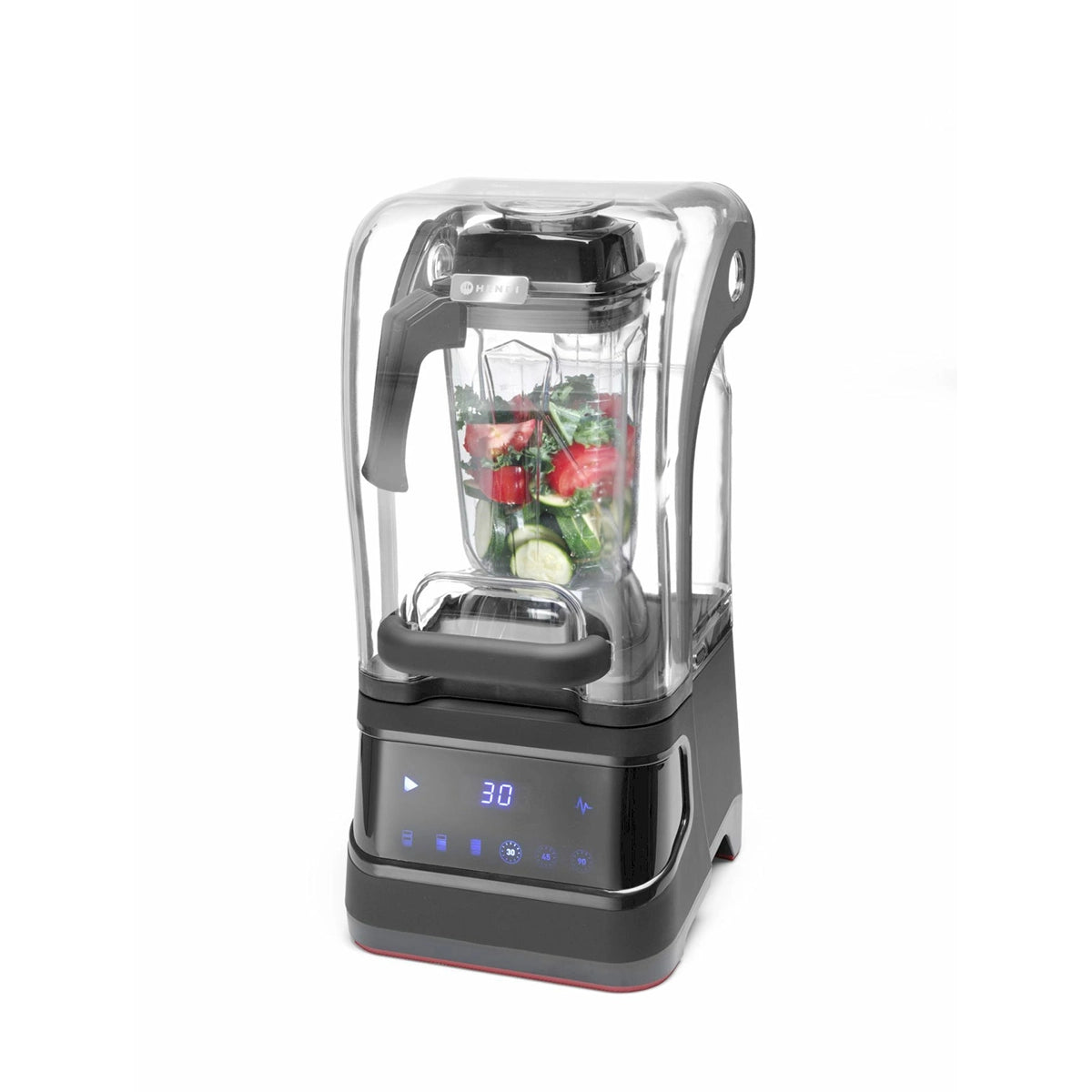 Ein HENDI Mixer mit geräuschdämmender Abdeckung - schwarz von HENDI, gefüllt mit gehacktem Gemüse, steht auf weißem Hintergrund. Der digitale Standmixer hat die Anzeige "30" und sichtbare Bedienknöpfe am Sockel.