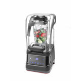 Ein HENDI Mixer mit geräuschdämmender Abdeckung - schwarz von HENDI, gefüllt mit gehacktem Gemüse, steht auf weißem Hintergrund. Der digitale Standmixer hat die Anzeige "30" und sichtbare Bedienknöpfe am Sockel.