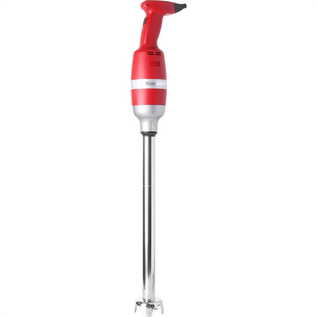 Der HENDI Stabmixer Profi Line 400 - rot ist ein rot-silberner Stabmixer mit langem Stiel und Messer, der aufrecht vor einem weißen Hintergrund abgebildet ist.