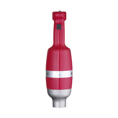 Der HENDI Stabmixer Profi Line 400 in Rot und Silber, mit schwarzem Knopf am Griff, steht aufrecht vor weißem Hintergrund.