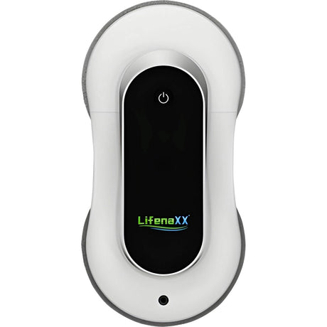 Der Lifenaxx LX-055 Fensterreinigungsroboter ist ein weiß-schwarzes, ovales Gerät mit Einschaltknopf und Lifenaxx-Logo, das sich durch ein schlankes Design und eine intelligente Reinigungstechnologie für eine effiziente Fensterreinigung auszeichnet.