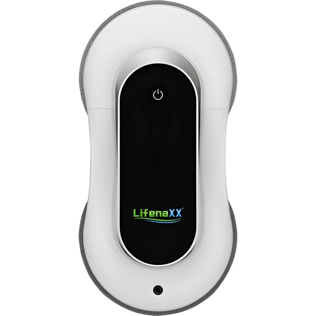 Der Lifenaxx LX-055 Fensterreinigungsroboter ist ein weiß-schwarzes, ovales Gerät mit Einschaltknopf und Lifenaxx-Logo, das sich durch ein schlankes Design und eine intelligente Reinigungstechnologie für eine effiziente Fensterreinigung auszeichnet.