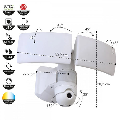 Die Lutec LED Kamera Außenwandleuchte Libra von Lutec bietet zwei schwenkbare Panels, Bewegungsmelder, integrierte Kamera und App-Steuerung. Wetterfest, dimmbar und mit einstellbarer Farbtemperatur. Maße und Drehwinkel gekennzeichnet.