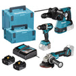 Das Makita DLX3195JX1 Akku-Spezialset - 18V LXT Kombo-Kit (DDF484, DGA504, DHR243, 2x 5.0Ah Akkus, Ladegerät und MAKPAC) von Makita ist auf weißem Hintergrund mit allem Zubehör abgebildet.