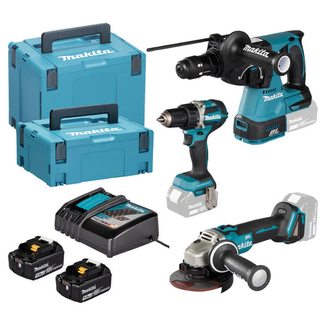Das Makita DLX3195JX1 Akku-Spezialset - 18V LXT Kombo-Kit (DDF484, DGA504, DHR243, 2x 5.0Ah Akkus, Ladegerät und MAKPAC) von Makita ist auf weißem Hintergrund mit allem Zubehör abgebildet.