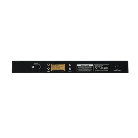 Die Rückansicht des Omnitronic DMP-103RDS CD-/MP3-Players bietet Audioanschlüsse, einen USB-Anschluss, einen Stromeingang, Beschriftungen und Lüftungsschlitze - alles übersichtlich auf einem eleganten schwarzen Gehäuse angeordnet.