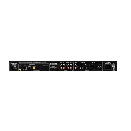 Der OMNITRONIC EP-220NET Vorverstärker von Omnitronic verfügt über beschriftete XLR-, Cinch-, optische, koaxiale, Ethernet- und Stromanschlüsse auf der Rückseite für Audioverbindungen und Internetradio.