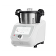 Die SILVERCREST Monsieur Cuisine Connect SKMC 1100 A1 ist eine moderne weiße Küchenmaschine mit einem Touchscreen-Display, einem Bedienknopf und einer großen Edelstahlschüssel mit schwarzen Griffen auf der Oberseite.