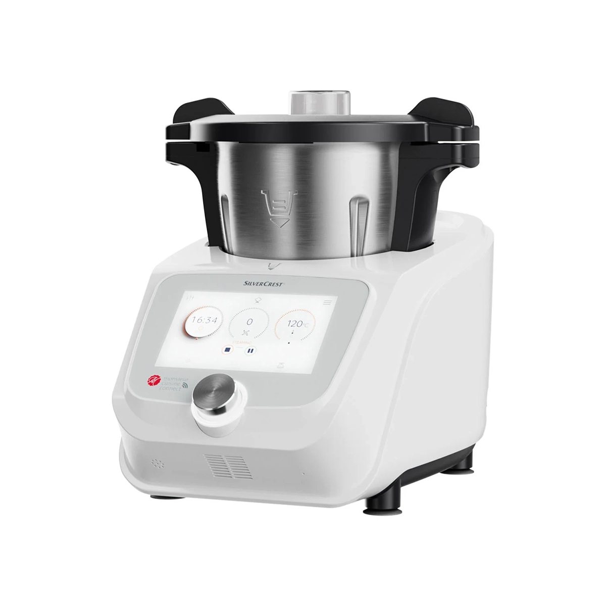 Die SILVERCREST Monsieur Cuisine Connect SKMC 1100 A1 ist eine moderne weiße Küchenmaschine mit einem Touchscreen-Display, einem Bedienknopf und einer großen Edelstahlschüssel mit schwarzen Griffen auf der Oberseite.