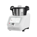 Die SILVERCREST Monsieur Cuisine Connect SKMC 1100 A1 ist eine moderne weiße Küchenmaschine mit einem Touchscreen-Display, einem Bedienknopf und einer großen Edelstahlschüssel mit schwarzen Griffen auf der Oberseite.