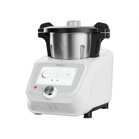 Die SILVERCREST Monsieur Cuisine Connect SKMC 1100 A1 ist eine moderne weiße Küchenmaschine mit einem Touchscreen-Display, einem Bedienknopf und einer großen Edelstahlschüssel mit schwarzen Griffen auf der Oberseite.