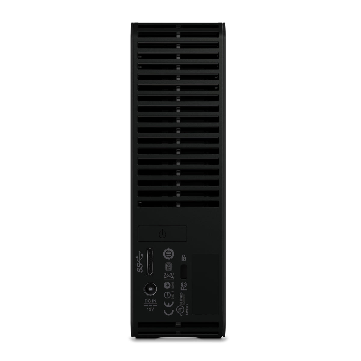 Rückansicht einer Western Digital WD Elements Desktop 8 TB - Externe Festplatte (USB 3.0) mit Lüftungsschlitzen, Einschaltknopf, USB 3.0-Anschluss, Netzeingang und Zertifizierungsetiketten an der Unterseite.