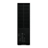 Rückansicht einer Western Digital WD Elements Desktop 8 TB - Externe Festplatte (USB 3.0) mit Lüftungsschlitzen, Einschaltknopf, USB 3.0-Anschluss, Netzeingang und Zertifizierungsetiketten an der Unterseite.